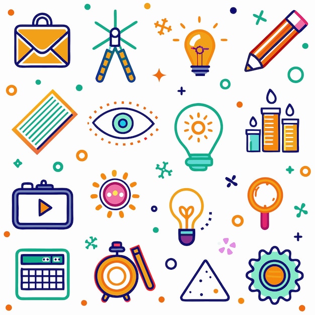 Colorful line art icons of business education and creativity