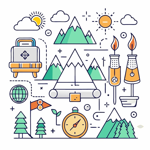 Vector a colorful line art illustration of a camping trip