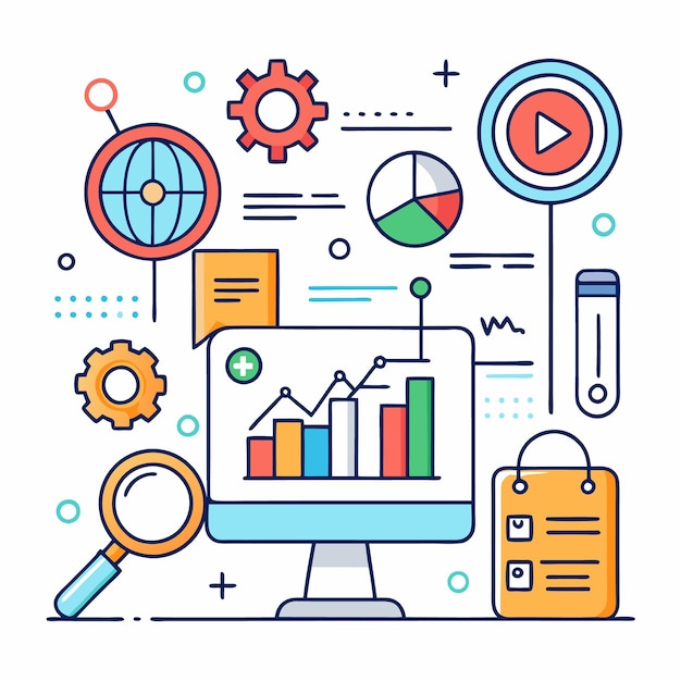 Colorful line art illustration of data analytics and marketing