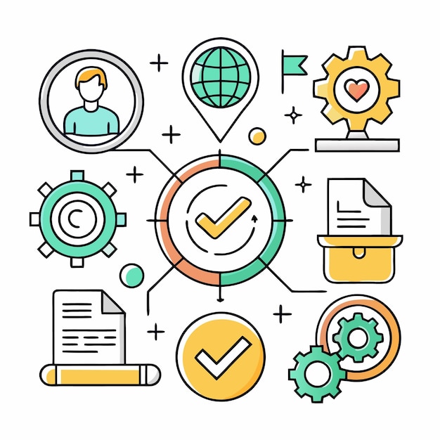 Colorful line art illustration with check marks gears documents and a globe