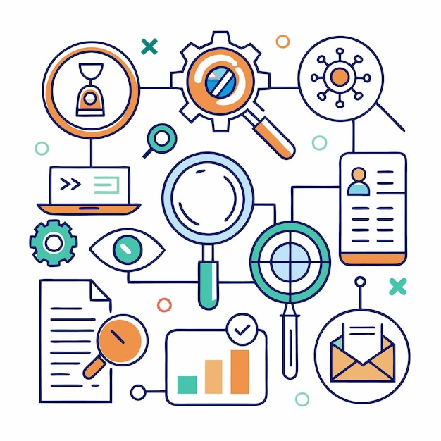 Vector a colorful line drawing of magnifying glasses graphs cogs an eye a laptop and an envelope connected by lines