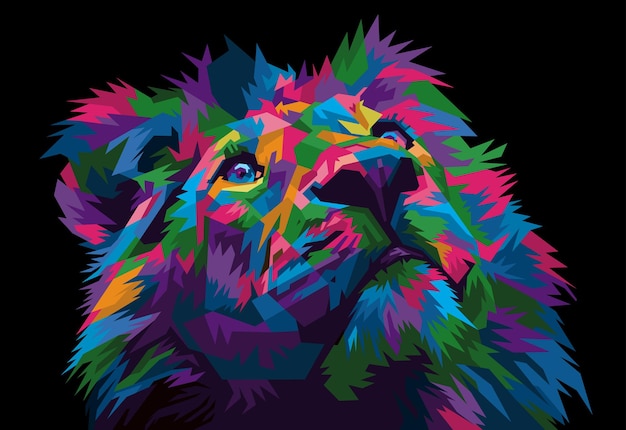 Colorful lion head on pop art style isolated with black backround