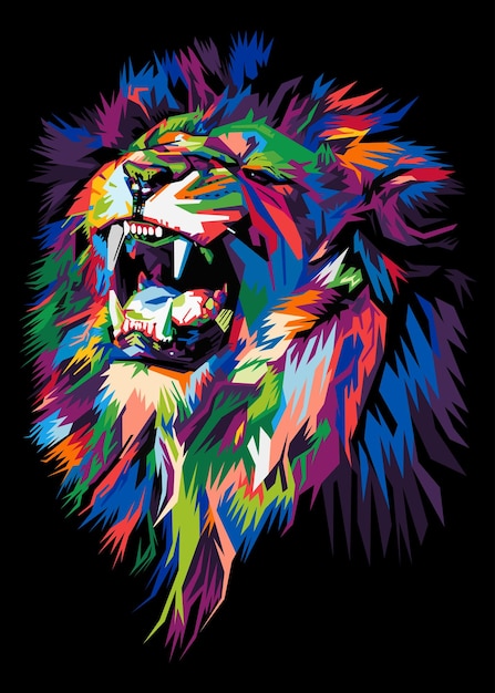 Colorful lion head on pop art style isolated with black backround