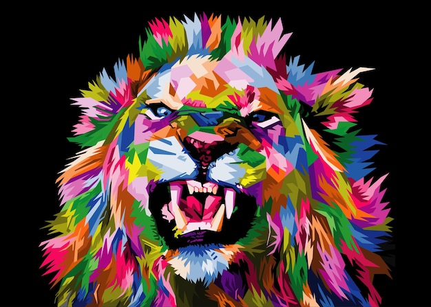 Colorful lion head on pop art style isolated with black backround