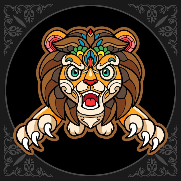 Colorful lion zentangle arts isolated on black background