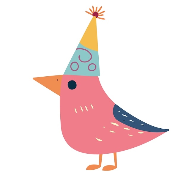 Colorful little bird wearing birthday hat