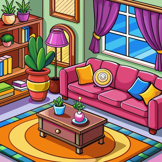 a colorful living room with a colorful couch and a coffee table