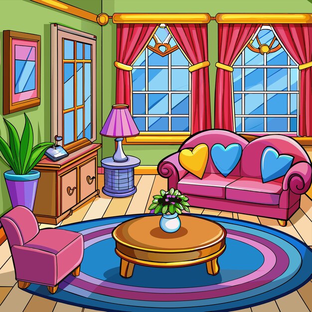 Vector a colorful living room with a colorful couch and a coffee table