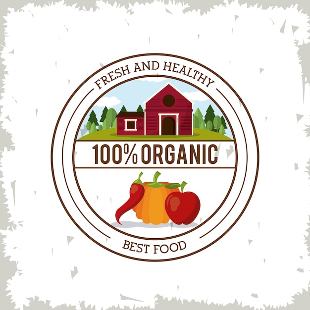 Colorful logo with farm landscape and vegetables 