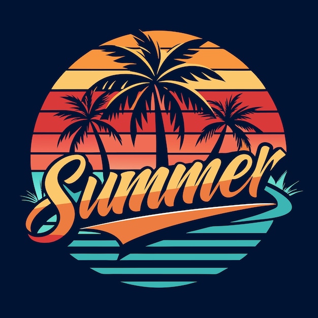 a colorful logo with palm trees and a blue background with the word summer on it