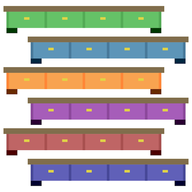 colorful long wooden cabinets with shelves element icon game asset flat illustration