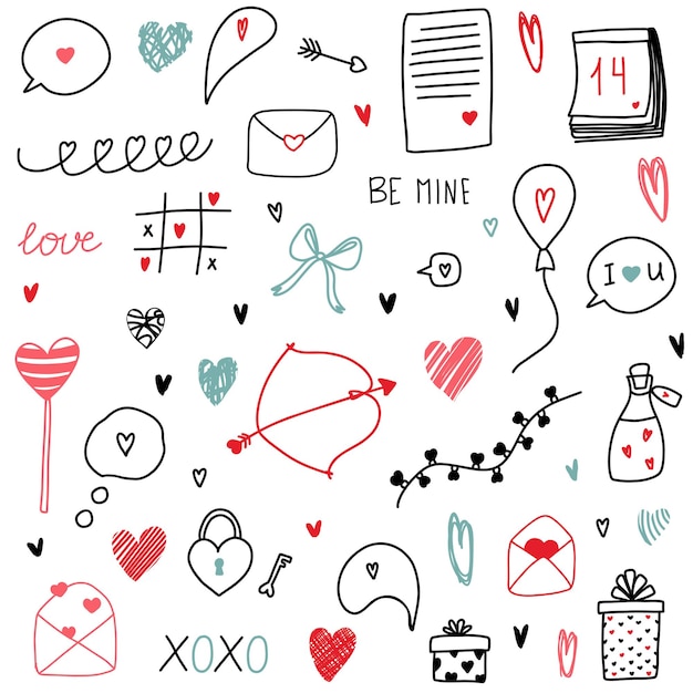 Colorful love clipart hand drawn doodles for StValentine s day