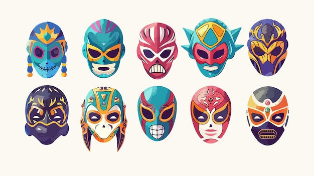 Vector colorful lucha libre masks set for wrestlers diverse luchador headgear collection