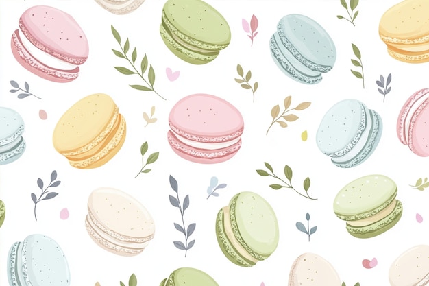 Vector colorful macarons foliage seamless pattern