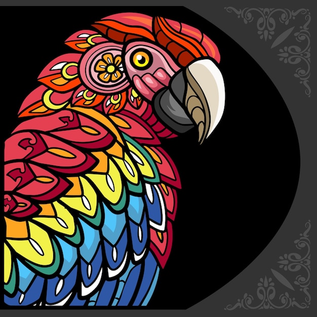 Colorful macaw bird zentangle arts isolated on black background