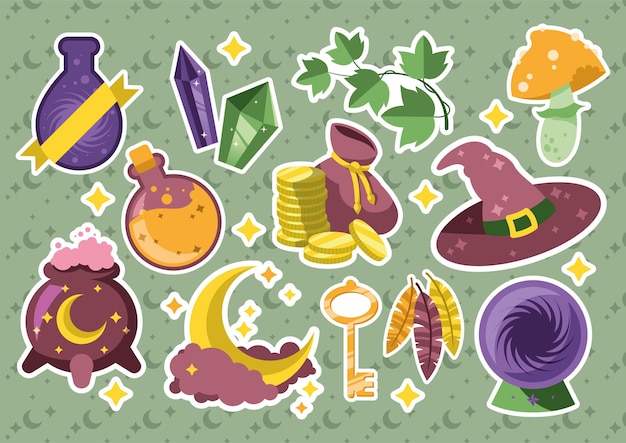 Colorful magical wizard flat-styled stickers