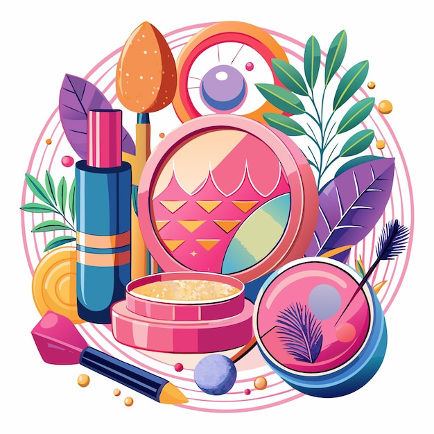 Colorful makeup products with leaves and abstract shapes