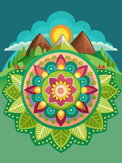 Vector colorful mandala with green leaves and mountain landscape