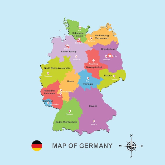 Colorful map of Germany with capital city on blue background vector illustration.