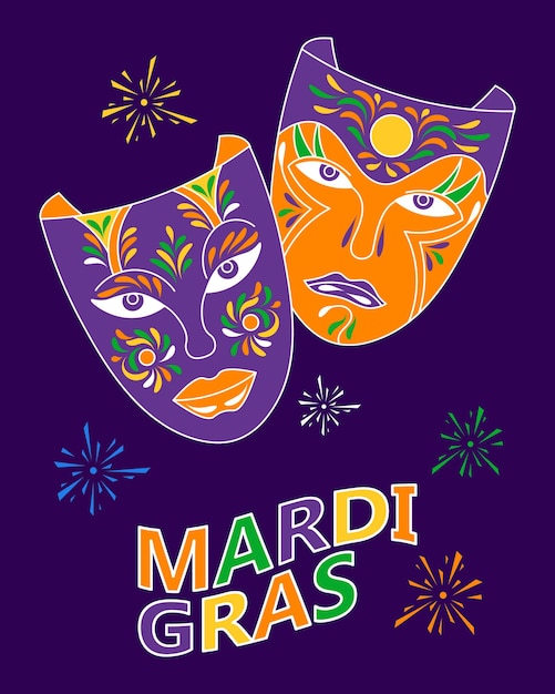 Colorful masquerade carnival masks and fireworks, Mardi Gras. Illustration, banner, poster, vector