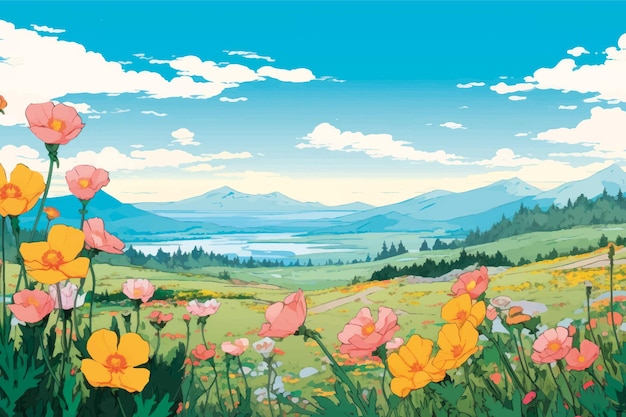 Vector colorful meadow with blooming flowers