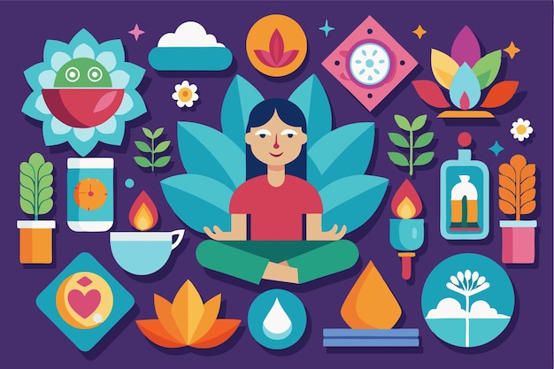 Vector colorful meditation icons depict a serene figure surrounded by plants candles and calming symbols of mindfulness flat design meditation icons