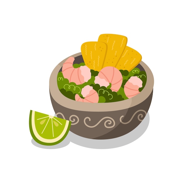 Colorful Mexican dish Nachos chips with shrimp salad and lime Food vector cartoon