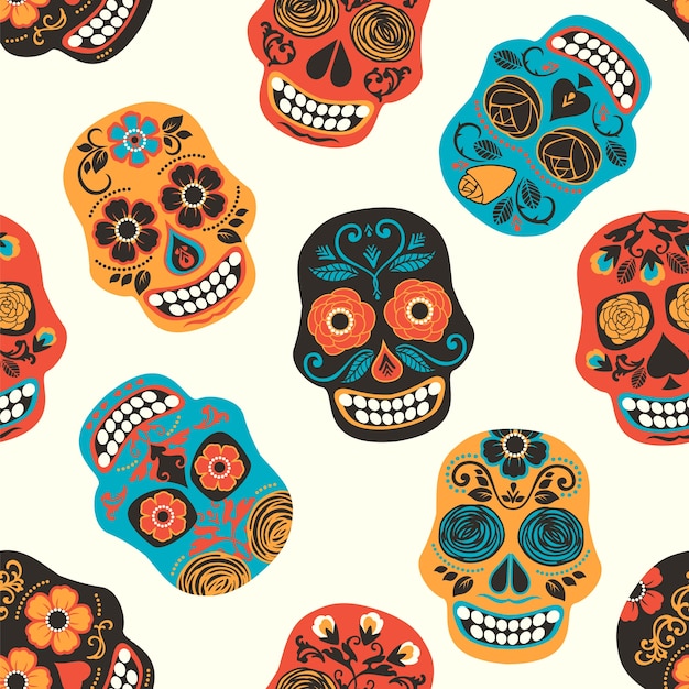 Colorful Mexican sugar skulls. Seamless pattern.