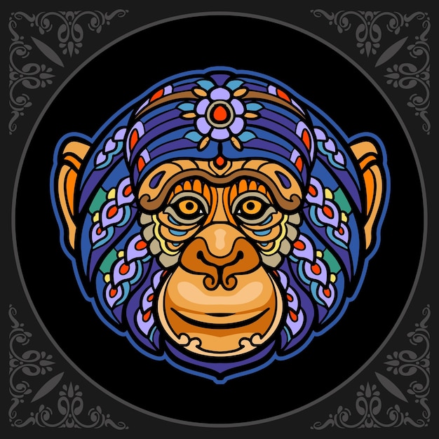 Colorful monkey head mandala arts isolated on black background