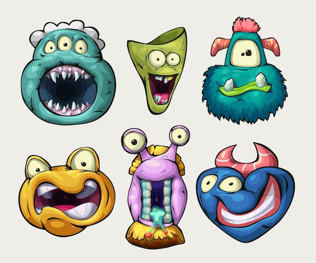 Colorful monster faces isolated on white back