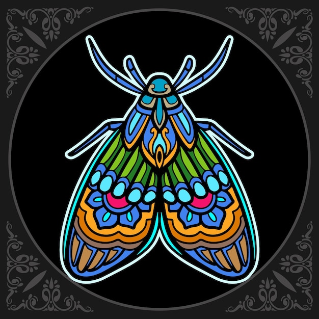 Colorful moth mandala arts isolated on black background