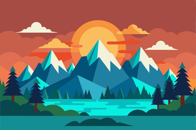 Colorful mountains rise against a sunset sky with a tranquil lake and trees framing the landscape Mountains Minimalistic flat design landscape