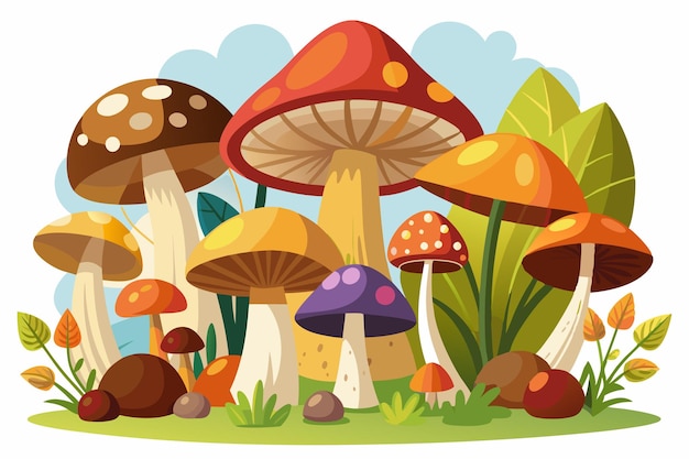 Vector colorful mushrooms growing in a forest clearing