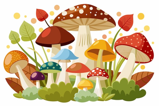 Vector colorful mushrooms growing in a lush forest setting