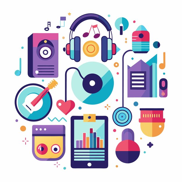 Colorful music icons with headphones a guitar and a smartphone