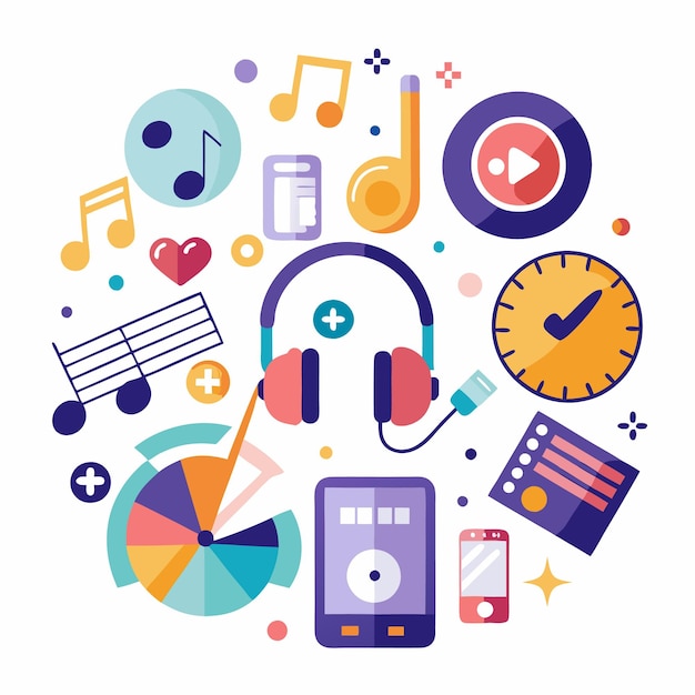 Colorful music icons with headphones and mobile phone