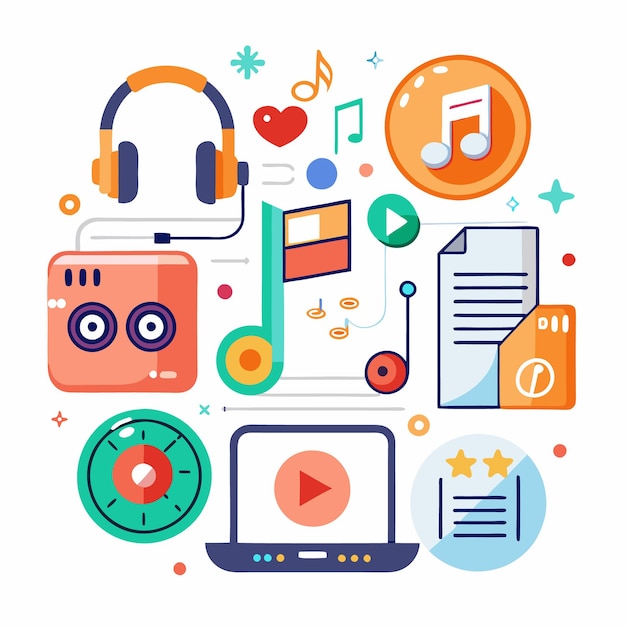 Colorful Music Illustration with Headphones Speakers Laptop and File