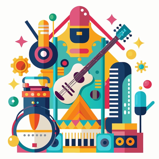 Vector colorful music instruments and elements arranged in abstract design