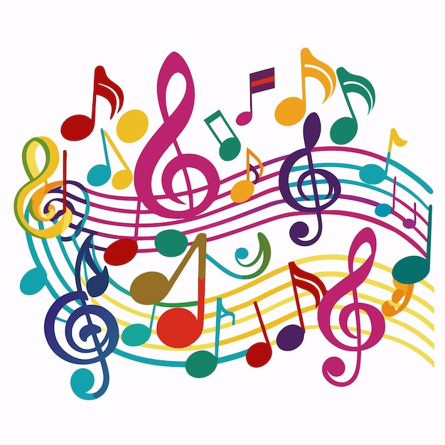 Colorful music notes and treble clef on white background