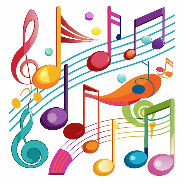 Colorful music notes on a white background with blue lines and circles