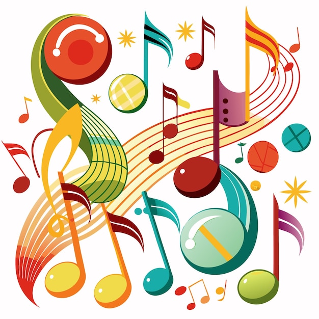 Colorful music notes with abstract shapes on white background