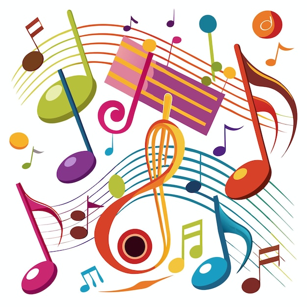 Vector colorful music notes with treble clef and a staff on a white background