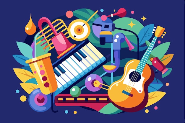 Colorful musical instruments come together to inspire creativity and composition in an engaging artistic representation of musical expression