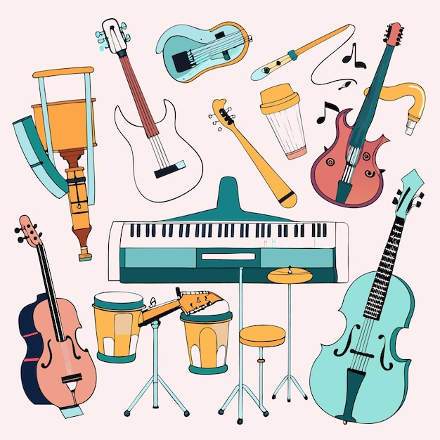 Vector colorful musical instruments drawn in a cartoon style