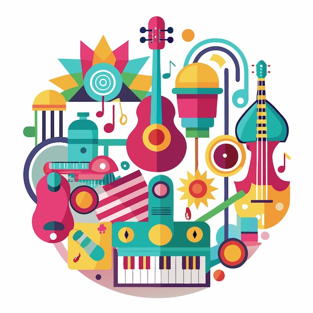 Vector colorful musical instruments and geometric shapes in a circle