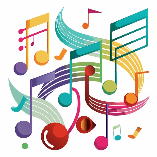 Colorful musical notes and swirls in a white background