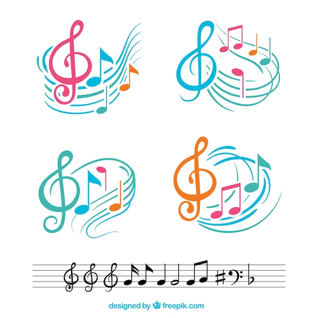 Colorful musical notes with abstract staves