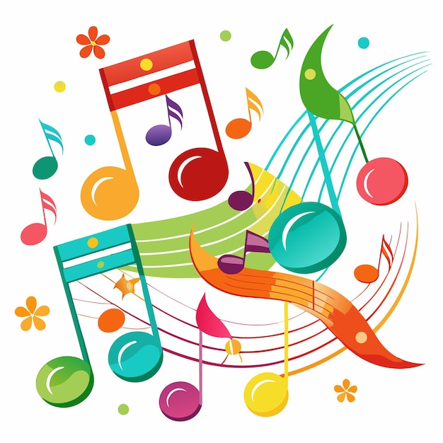 Vector colorful musical notes with floral accents on a white background