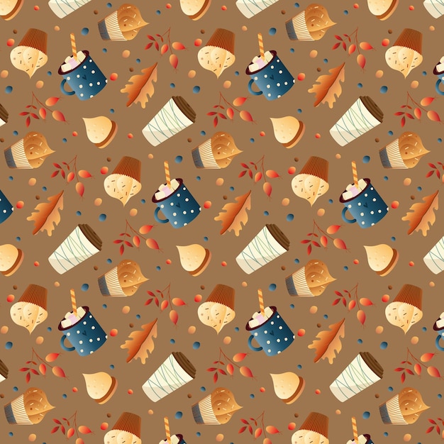 Colorful natural seamless pattern with fall leaves, cupcakes, cup of coffee with marshmallows