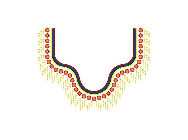 A colorful necklace with a yellow border and red and blue beads.